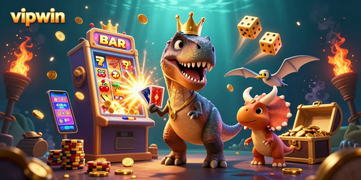 Vipwin slot machine jackpot explosion with cartoon dino characters playing cards and stacking chips