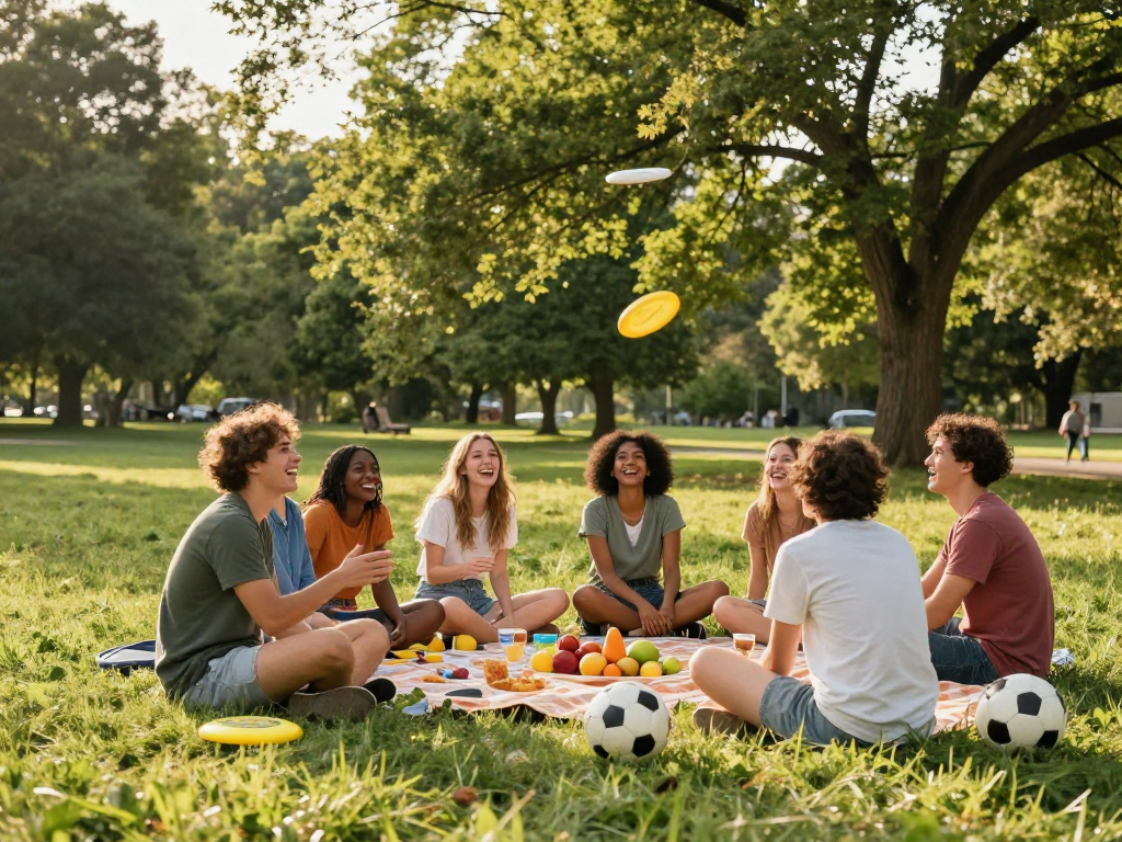 Delapan toto dan permainan outdoor bersama teman di taman yang ceria.