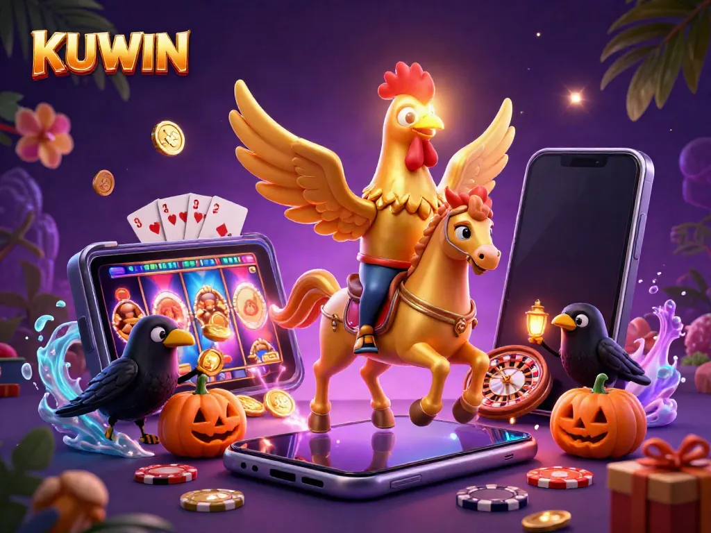 Engaging visual of KUWIN showcasing a golden rooster and spooky characters in a dynamic casino setting.