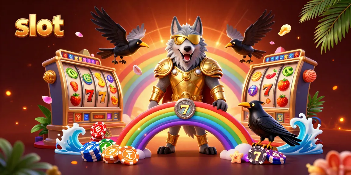 Memenangkan slot dengan simbol buah dan jackpot berkilau, dikelilingi oleh karakter unik dan elemen kasino.