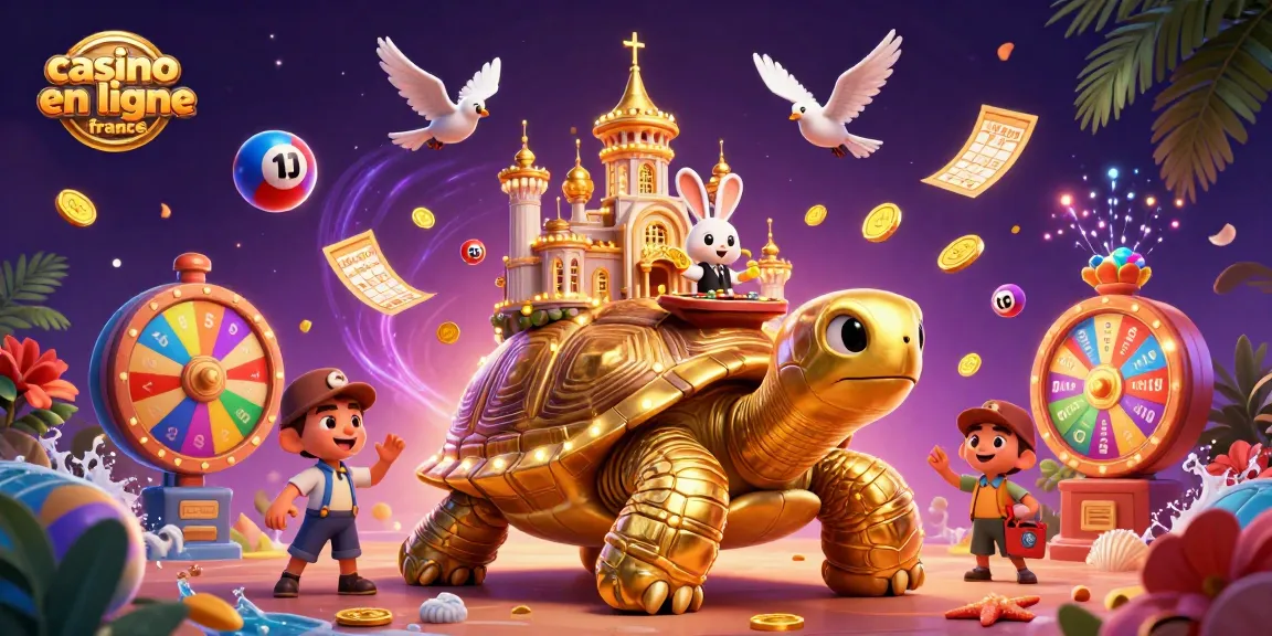 Profitez de l'expérience casino en ligne France avec une tortue dorée et un croupier de cartes.