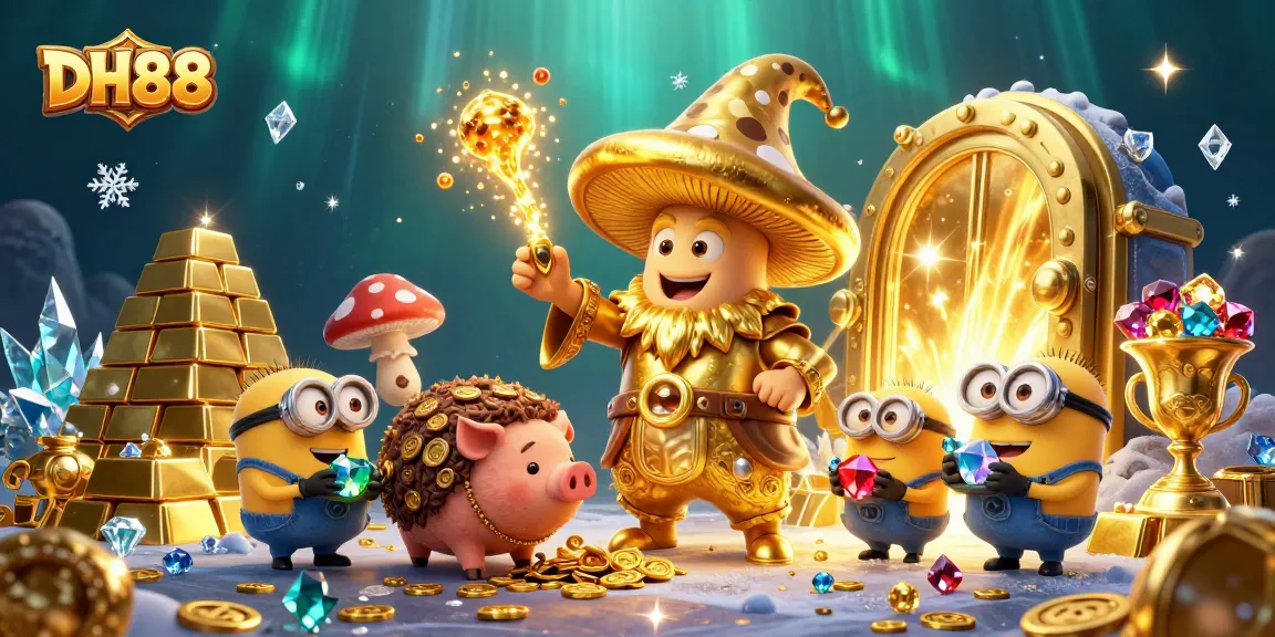 Join the magic of DH88 with a golden mushroom wizard, treasures, and gems in a vibrant casino scene!