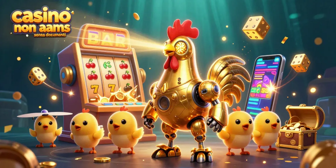 Gioca in un casino non aams senza documenti, esplora l'illustrazione 3D di un robot gallo dorato con droni, slot machine e monete d'oro.