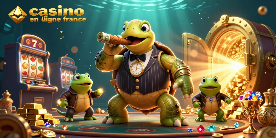 Visuel captivant de casino en ligne France avec une tortue géante et des personnages animés, représentant l'excitation des jeux.