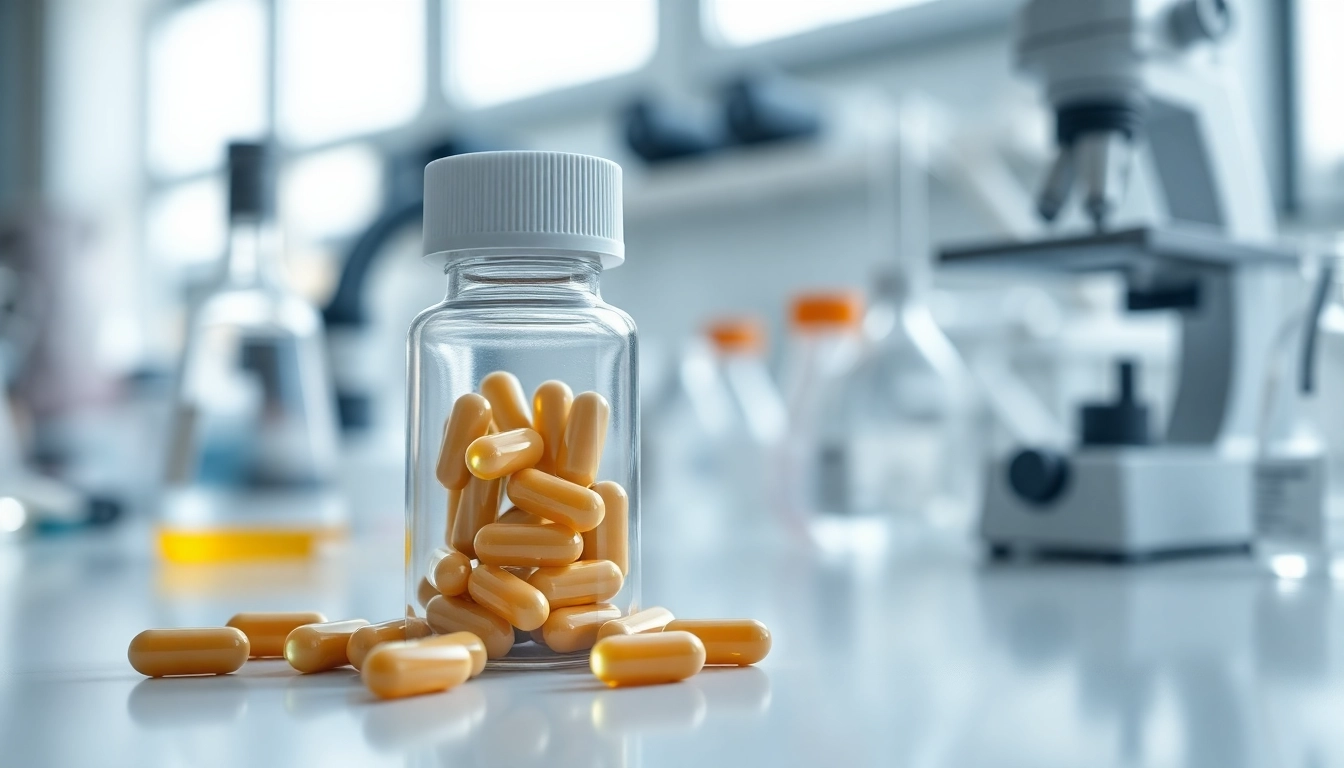 Showcase 5-amino-1mq capsules in a lab setting with scientific instruments, emphasizing quality.