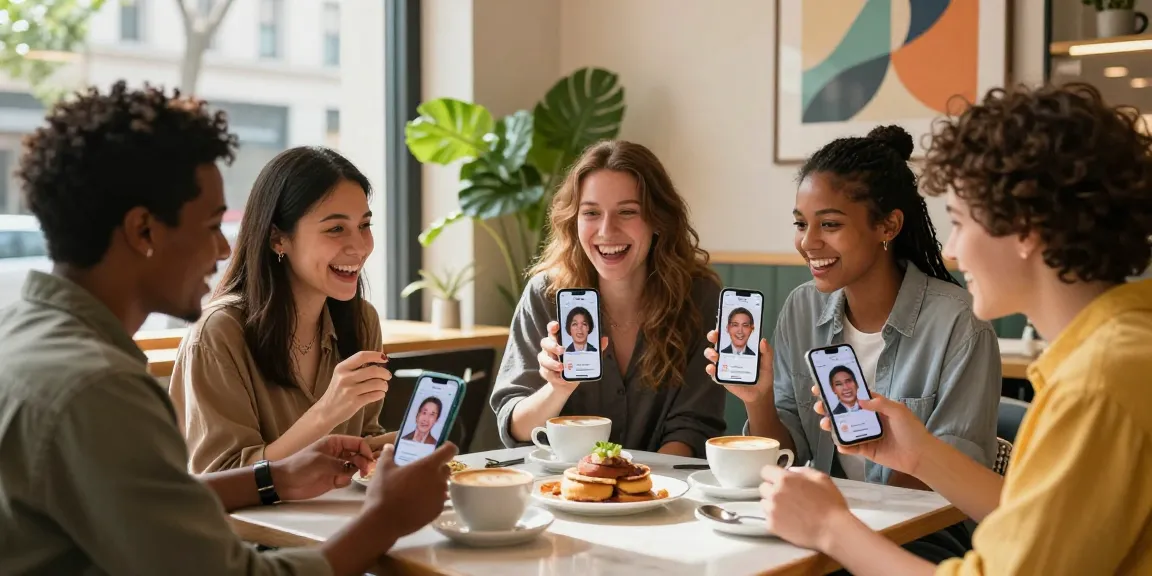 Group of friends discussing how old do I look using an AI app at a café.
