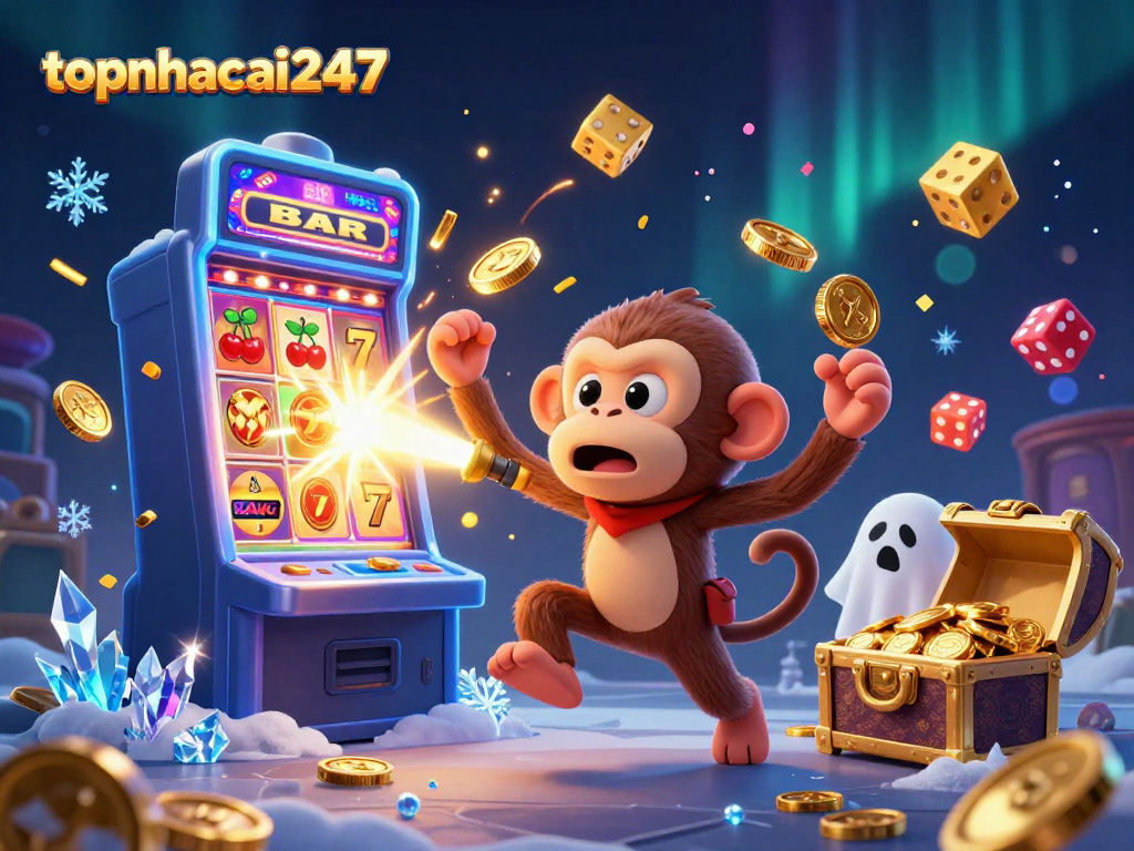 Experience thrilling gameplay at topnhacai247 with an exciting ghost-hunter tracking a mischievous monkey amidst casino treasures.