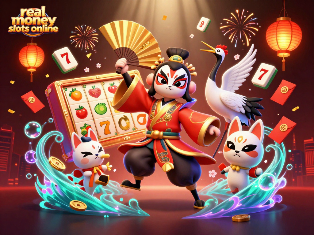 Experience thrilling real money slots online with our vibrant and dynamic casino illustration.