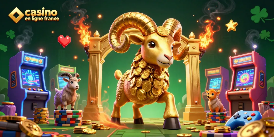 Visualisation dynamique de casino en ligne France avec un bélier doré, jeux colorés et ambiance festive.