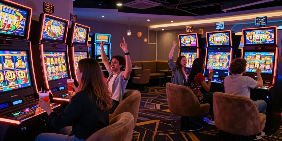 Exciting friends enjoying slot 777 games in a vibrant gaming lounge atmosphere