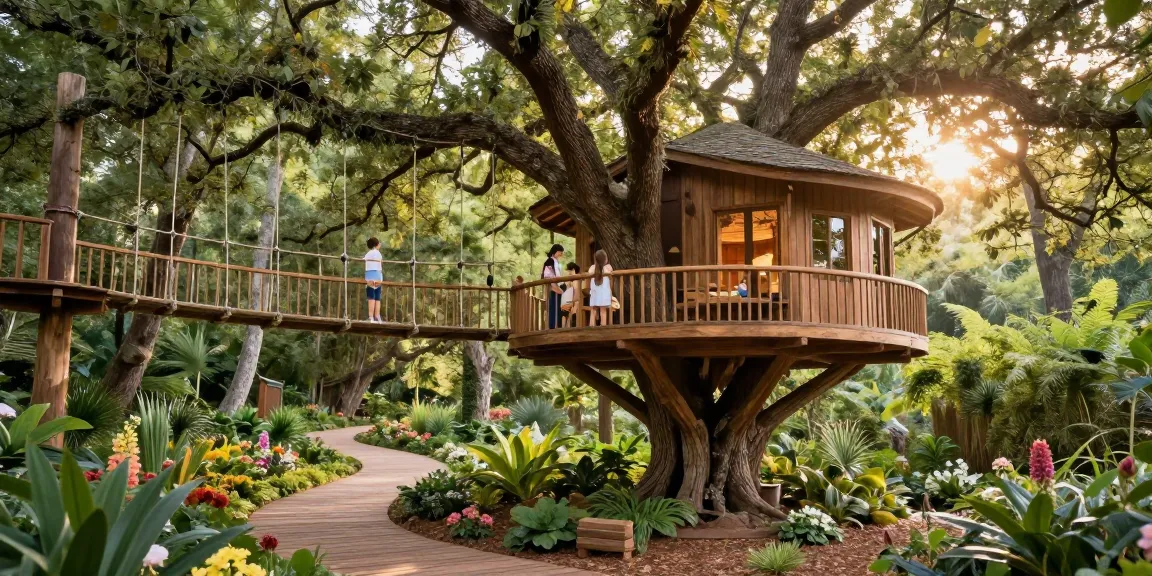 Discover the beauty of tree house life with a luxurious treehouse nestled in lush greenery.