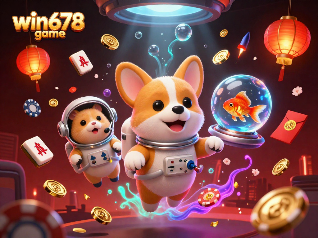 Engage in the thrill of win678 game with a whimsical 3D casino scene featuring a playful corgi and fun tokens.