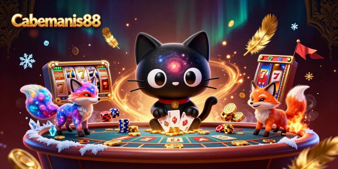 Experience the vibrant world of Cabemanis88, where a cosmic cat pulls in chips at a bustling casino.