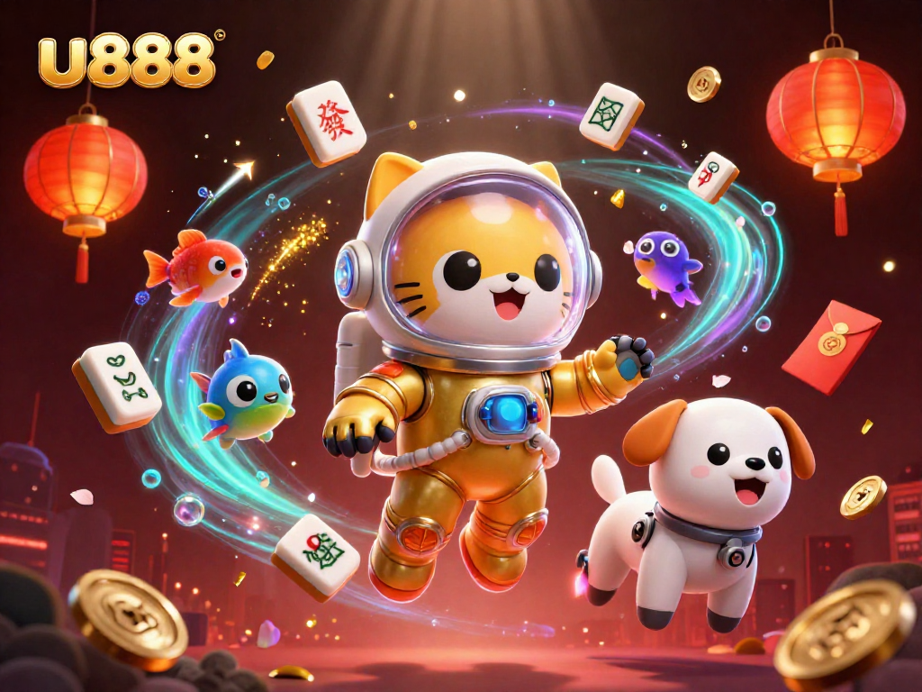 Experience thrill at u888 with a vibrant 3D illustration showcasing online gaming excitement.