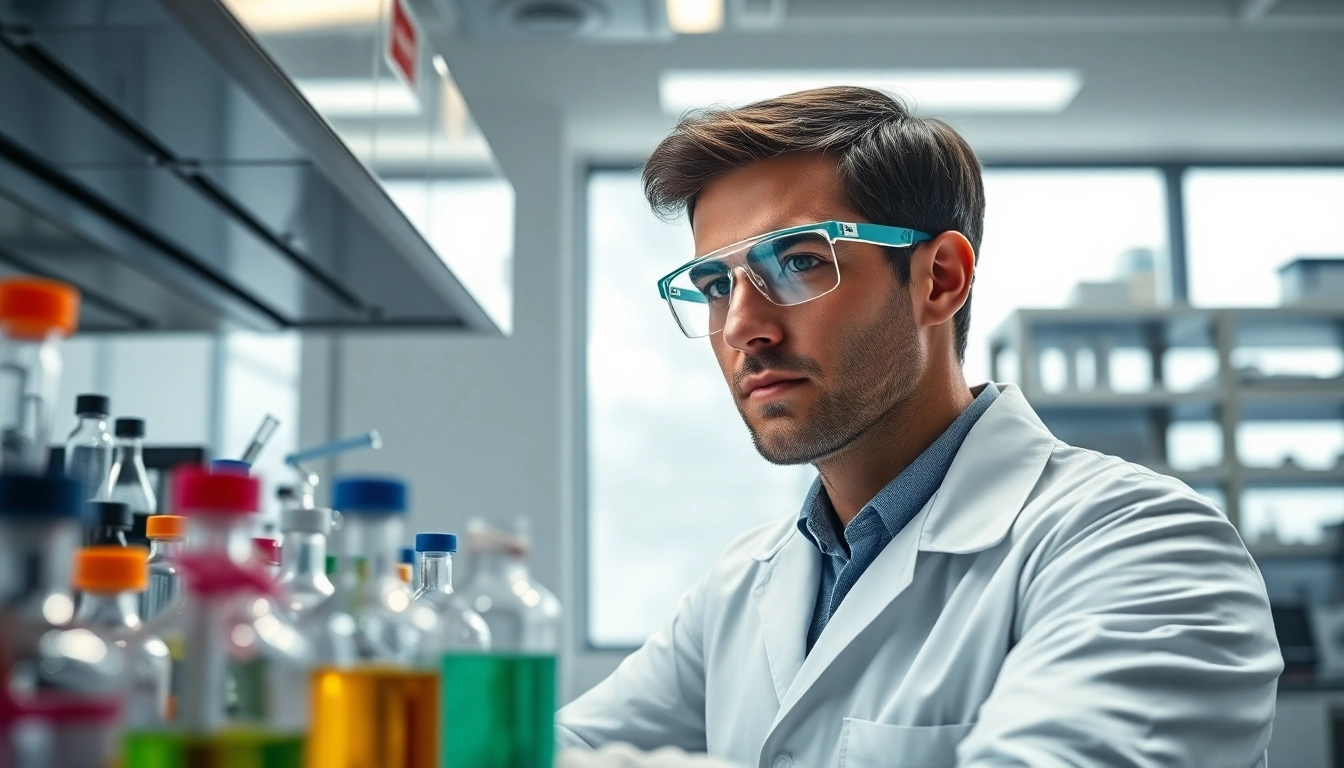 Researcher examining peptide samples at amcs shop, showcasing modern lab equipment and vibrant colors.