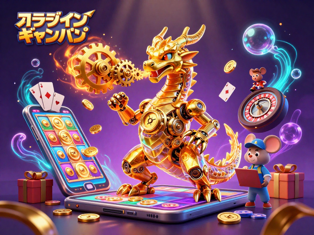 オンライン ギャンブルの楽しさを体現する金色のドラゴンが、ギャンブルアイテムに囲まれているシーン