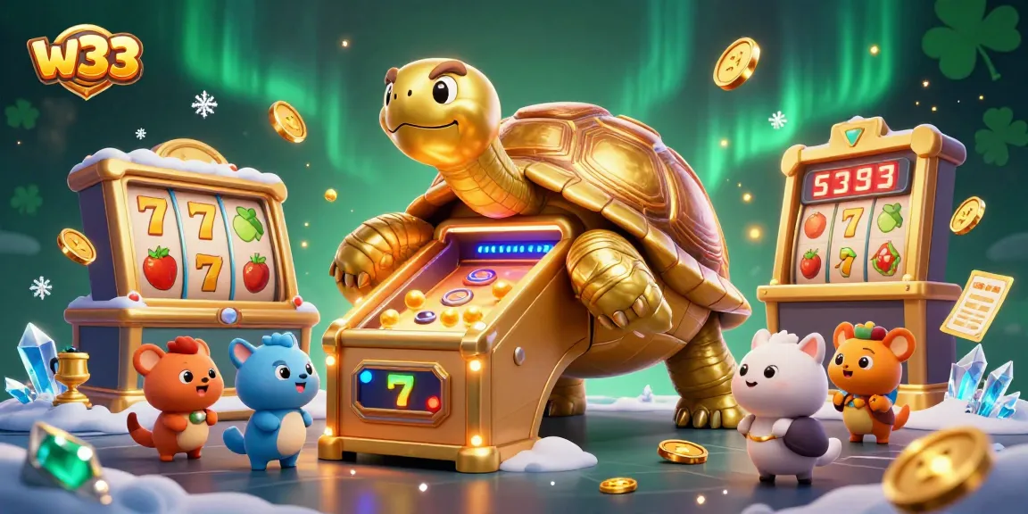 Experience w33 pokies excitement with a dynamic illustration of golden tortoise and vibrant slot elements.