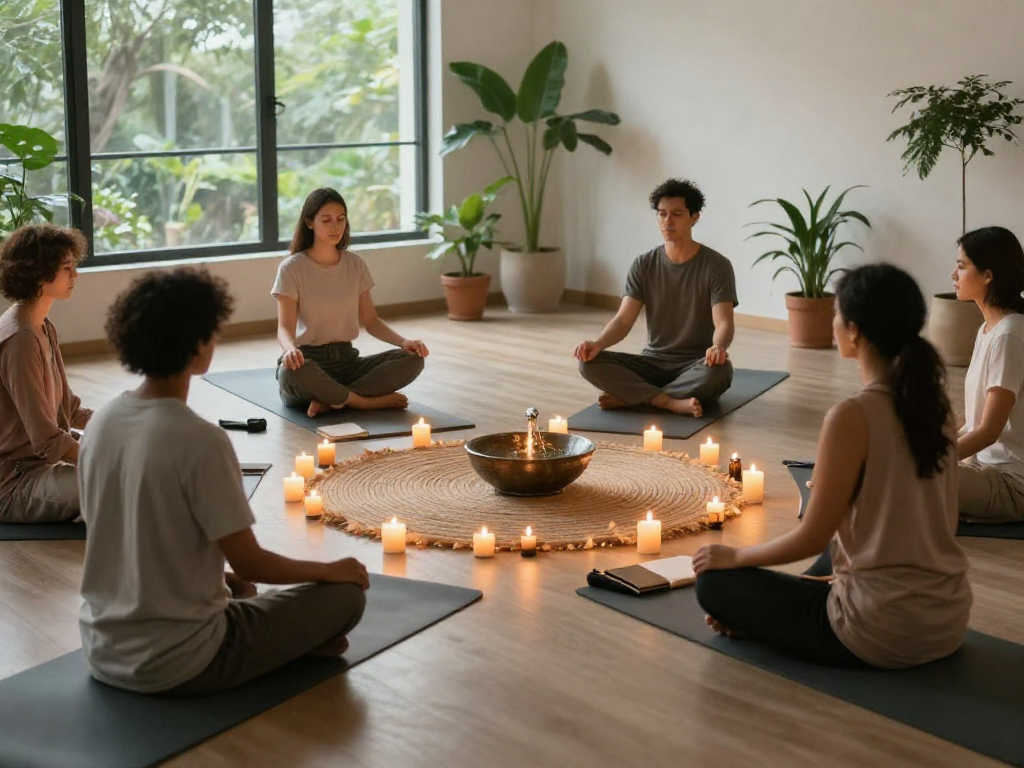 Collective mindfulness practice with mantra88 in a serene meditation space, fostering connection and self-discovery.
