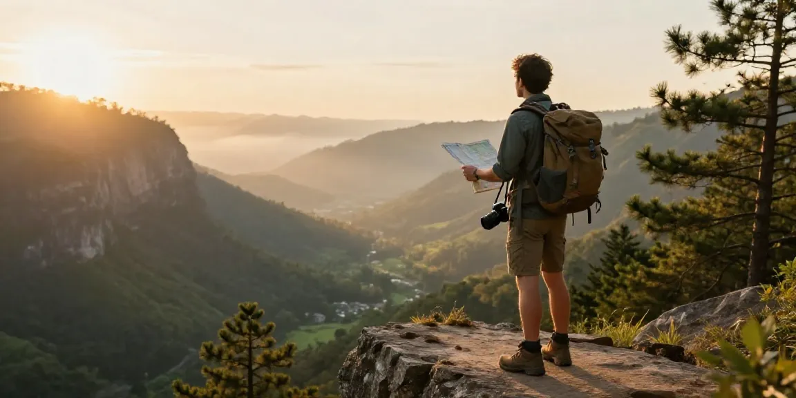 AI content creation for travel businesses through traveler exploring scenic mountains at sunset.