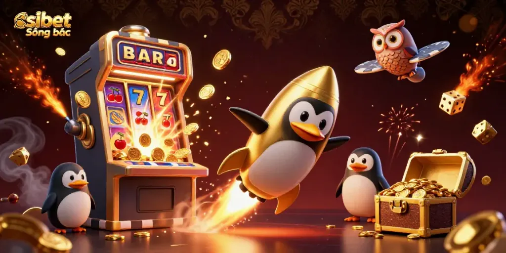 Experience wealth and excitement with shbet Sòng bạc, featuring a golden penguin and casino games.