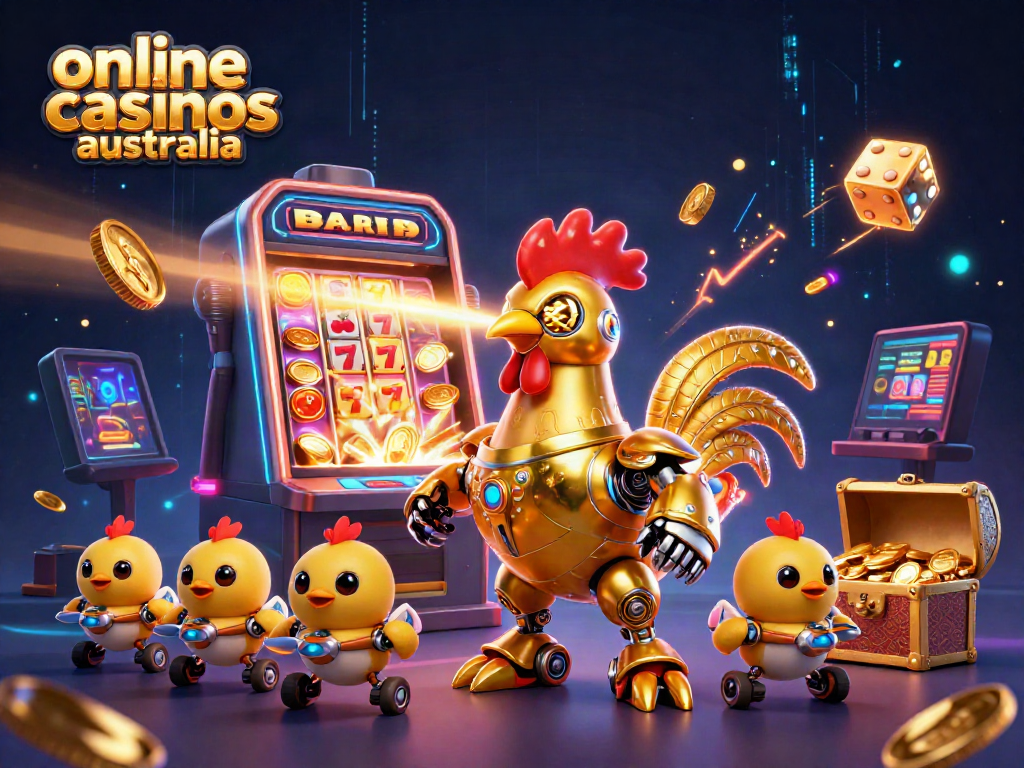 Engaging 3D illustration showcasing dynamic scenes of online casinos Australia with colorful slot machine elements and characters.