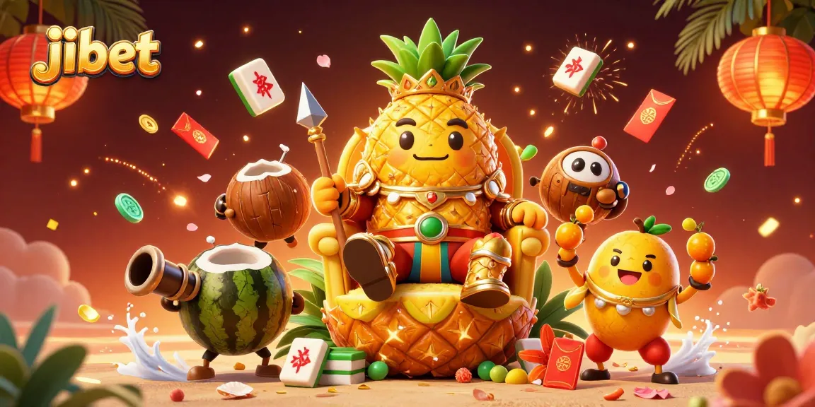 Experience thrilling gaming at jibet's vibrant beach casino with animated characters and festive elements.