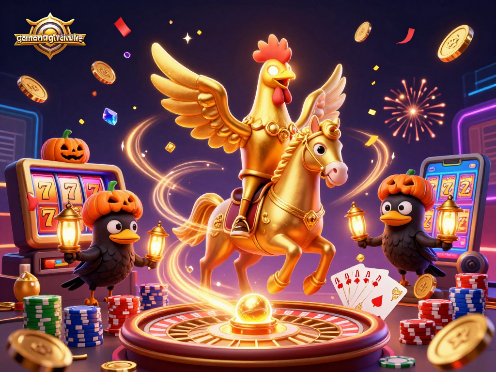 Experience gamenongtraivuive's vibrant casino scene featuring golden rooster and dynamic slot elements.