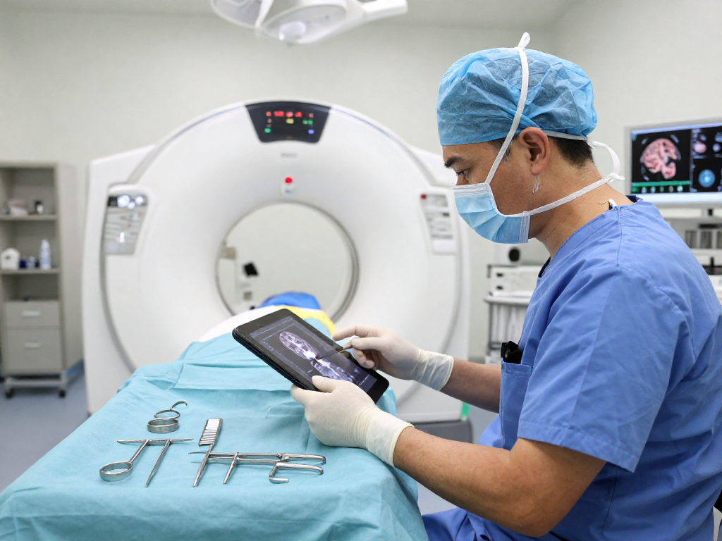 Neurosurgeon preparing for beyin tümörü ameliyatı in a sterile operating room, focused on patient scans.