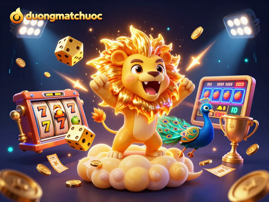 Experience the excitement of duongmatchuoc with dynamic slot reels and a roaring sun lion in a vibrant casino scene.