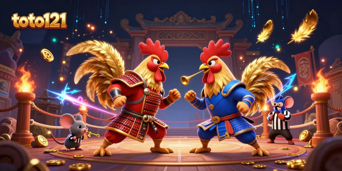 Experience the thrilling battle of roosters at toto121, enhanced with golden feathers and vivid casino elements.
