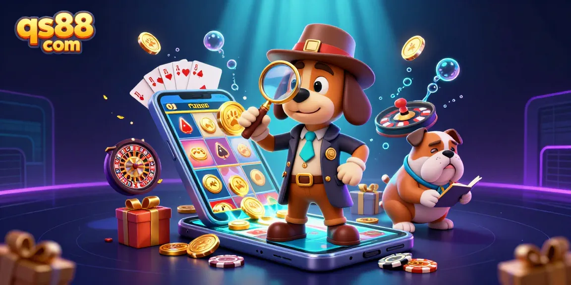 Engage with qs88 com in this vibrant 3D scene showing a detective and his bulldog discovering poker chips and slot games.