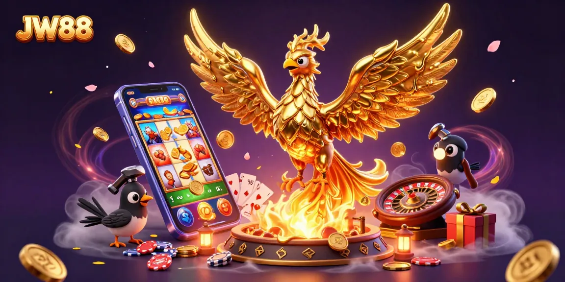 Experience the thrill of JW88 with a dynamic scene featuring a golden phoenix and casino elements.