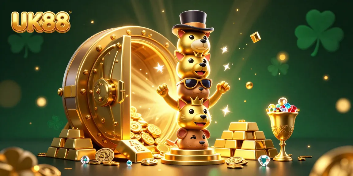 Engage in the vibrant world of UK88 with a dynamic casino-themed illustration featuring gold treasures and a playful totem pole.