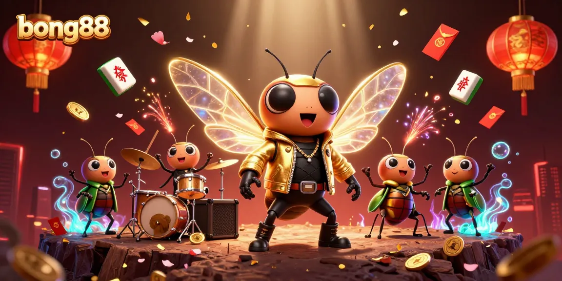Win big at bong88 with a vibrant casino scene featuring a cicada rock star and festive game elements.