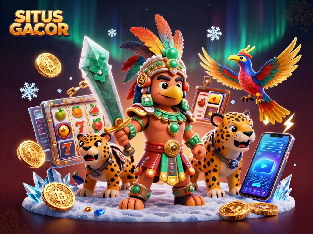 Engage with SITUS GACOR’s vibrant slot gaming experience surrounded by dynamic characters and crypto elements.