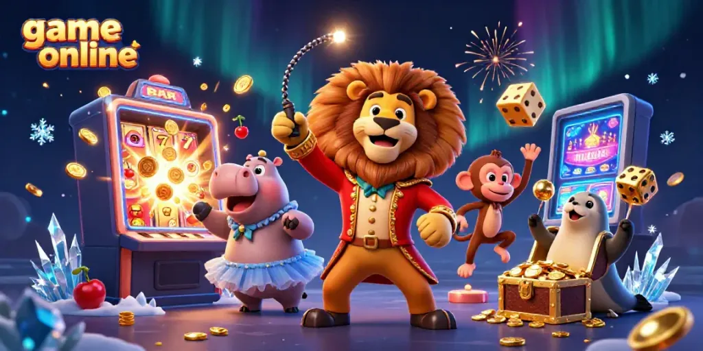 Engaging scene of circus characters promoting game online with vibrant casino elements.