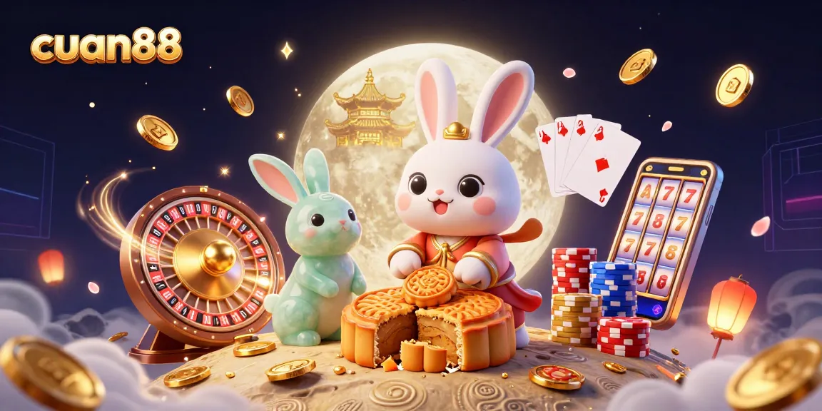 Menangkan koin emas dan chip poker dengan cuan88 bersama kelinci bulan dalam ilustrasi kasino fantastis.