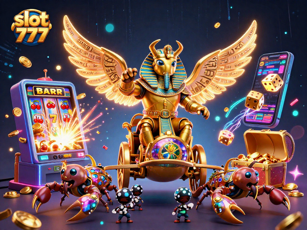 Experience the excitement of slot 777 with a vibrant, multi-character 3D casino illustration.