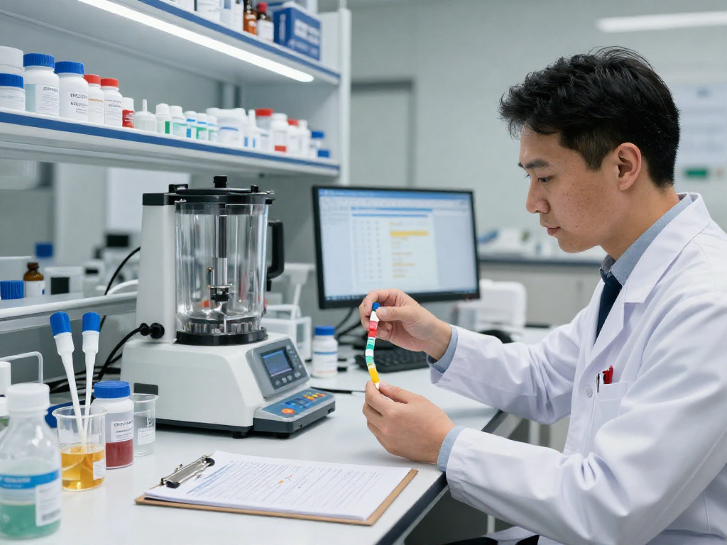 BPC 157 TB 500 Blend being precisely formulated into modern buccal strips in a professional lab setting.