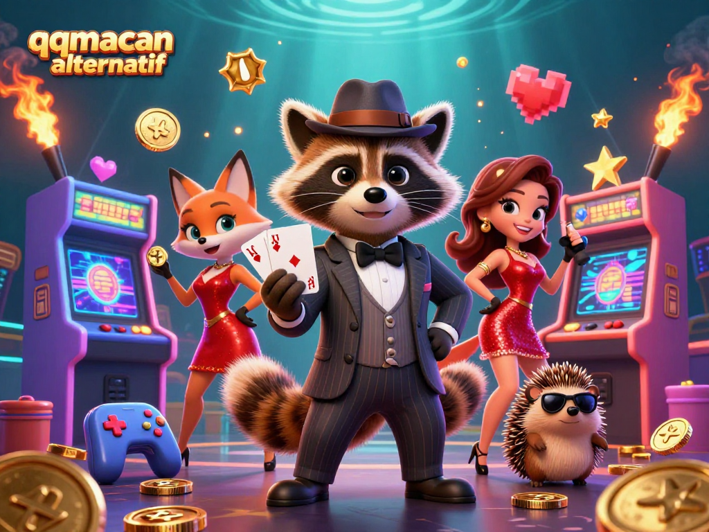 Engage with qqmacan alternatif in a vibrant casino scene featuring a suave raccoon, a glamorous fox, and a hedgehog bouncer.