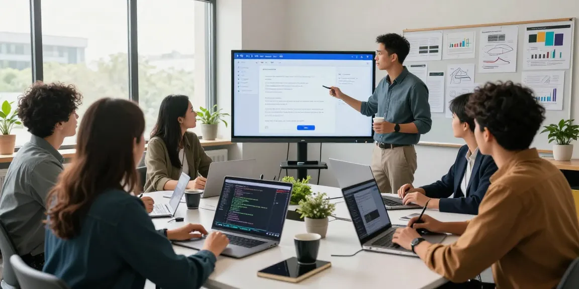 Build internal tools with AI in a modern collaborative workspace with a diverse team brainstorming innovative solutions.