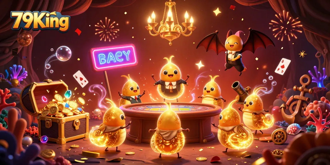 Experience the vibrant world of 79King as glowworms illuminate a casino scene, showcasing thrilling games and treasures.