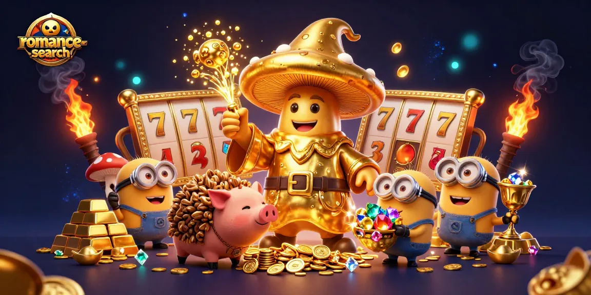 Spin to win with romance-search as the golden mushroom wizard channels treasure magic in a casino adventure.