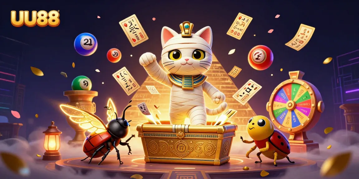 UU88 features a 3D Egyptian mummy cat and a scarab in a vibrant casino scene filled with colorful gaming elements.