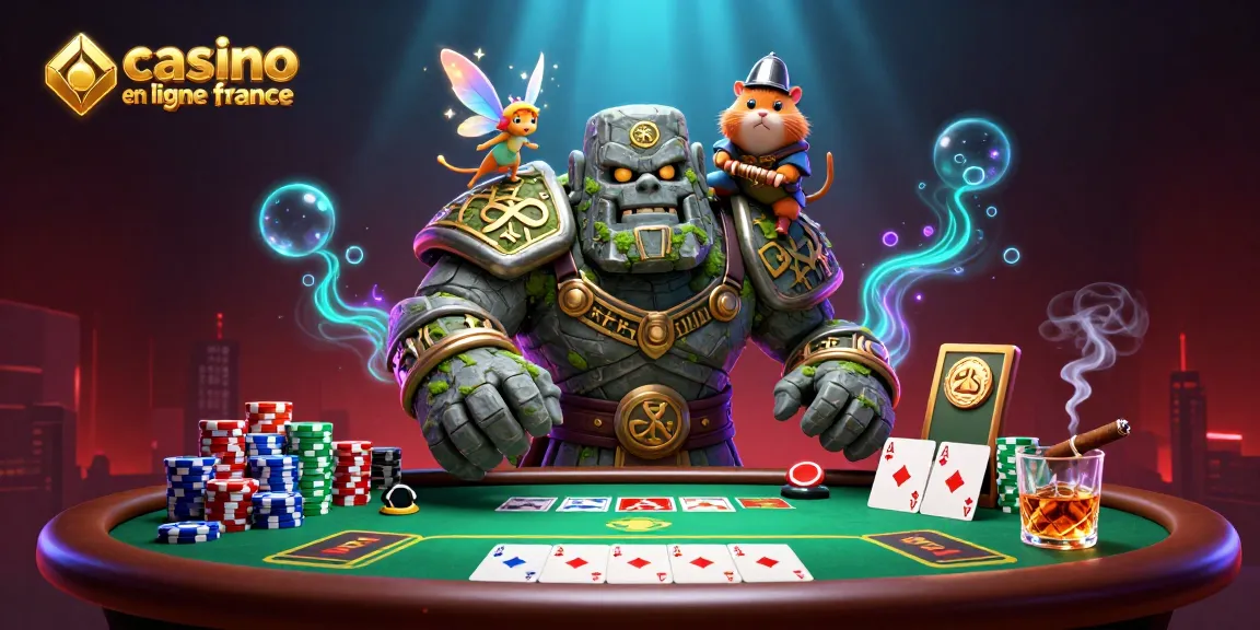 Jouez à casino en ligne France avec des personnages fantastiques autour d'une table de poker colorée.