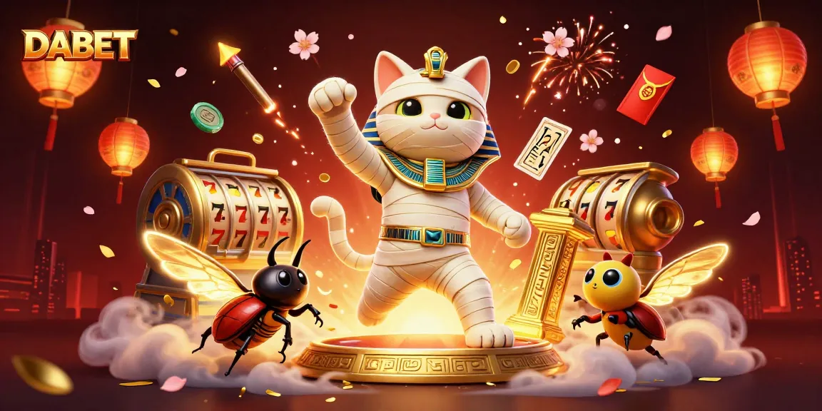 DABET elevates excitement with a vibrant casino scene featuring a mummy cat and golden scarab