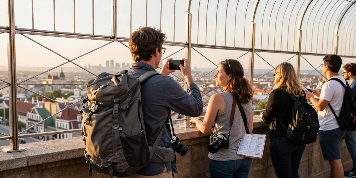 NAGA2000 traveler capturing memories at iconic landmark during golden hour