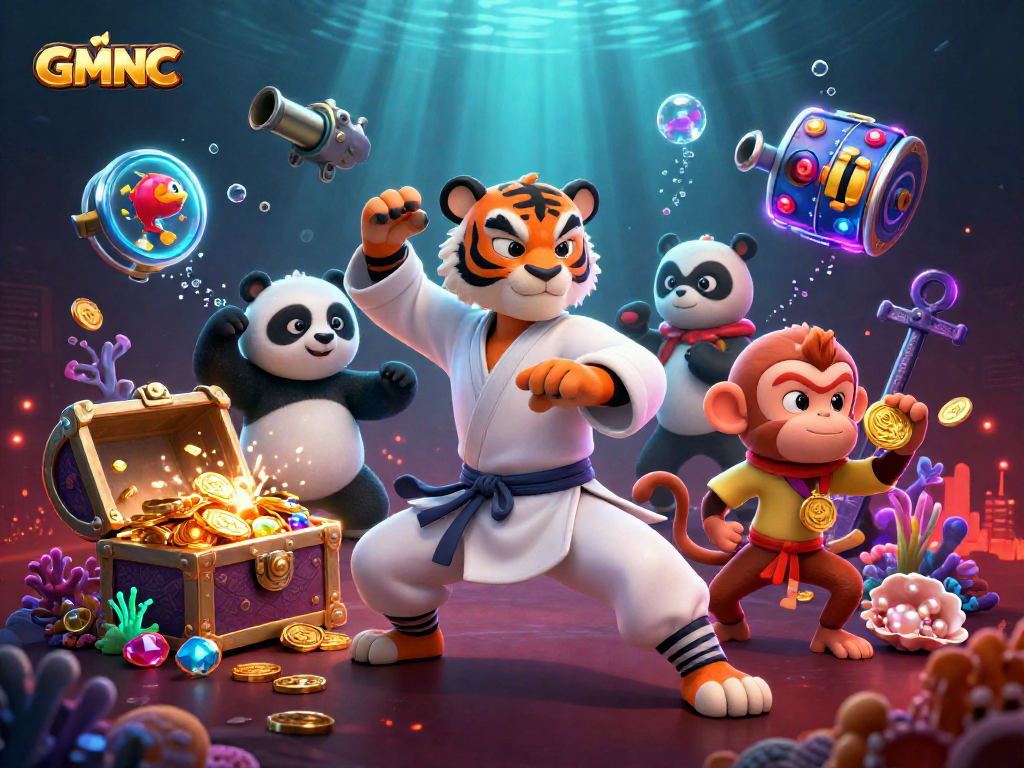 Engage with GMNC slots as the kung fu tiger and friends celebrate wins in 3D underwater.