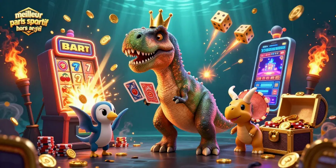 Illustration dynamique représentant "meilleur site paris sportif hors ARJEL" avec un T-Rex jouant aux cartes.