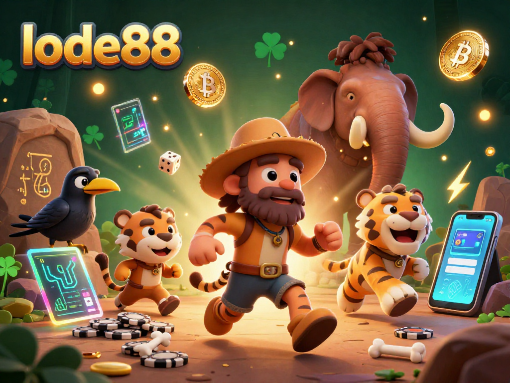 Experience thrilling gaming at lode88 with a lively prehistoric casino scene full of vibrant digital elements.